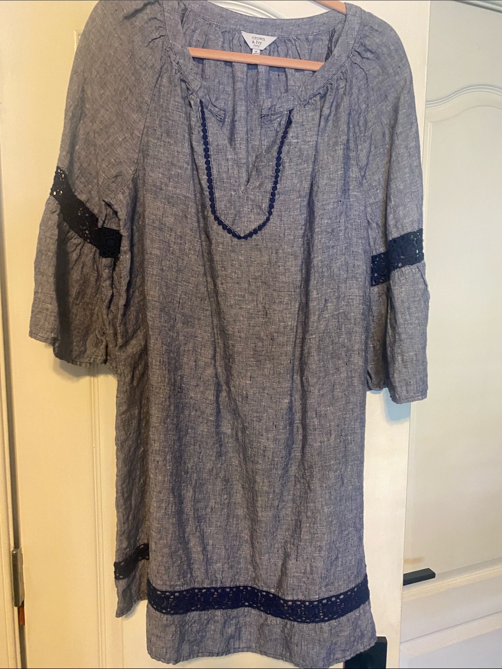 crown & ivy Chambray-Style Blue dress with Navy Lace Trim